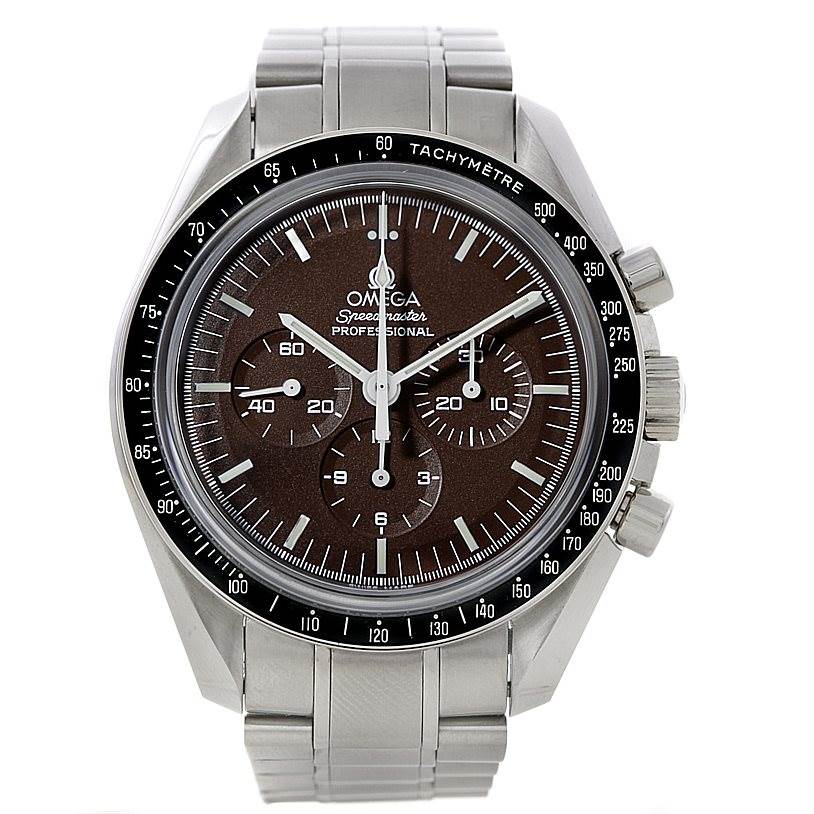 This image shows a front view of the Omega Speedmaster 311.30.42.30.13.001 Men's Stainless Steel Brown Dial 311.30.42.30.13.001 Men's Stainless Steel Brown Dial Professional watch, highlighting its dial, bezel, and bracelet.
