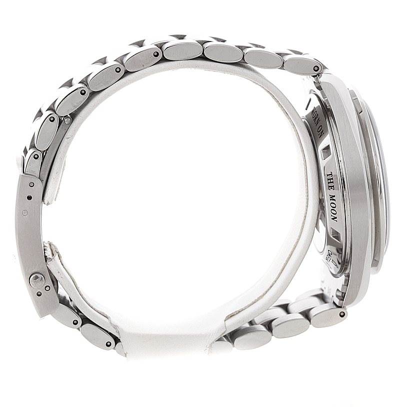 This side-angle view of the Omega Speedmaster 311.30.42.30.13.001 Men's Stainless Steel Brown Dial 311.30.42.30.13.001 Men's Stainless Steel Brown Dial shows the bracelet and the case back with "The Moon" engraved on it.