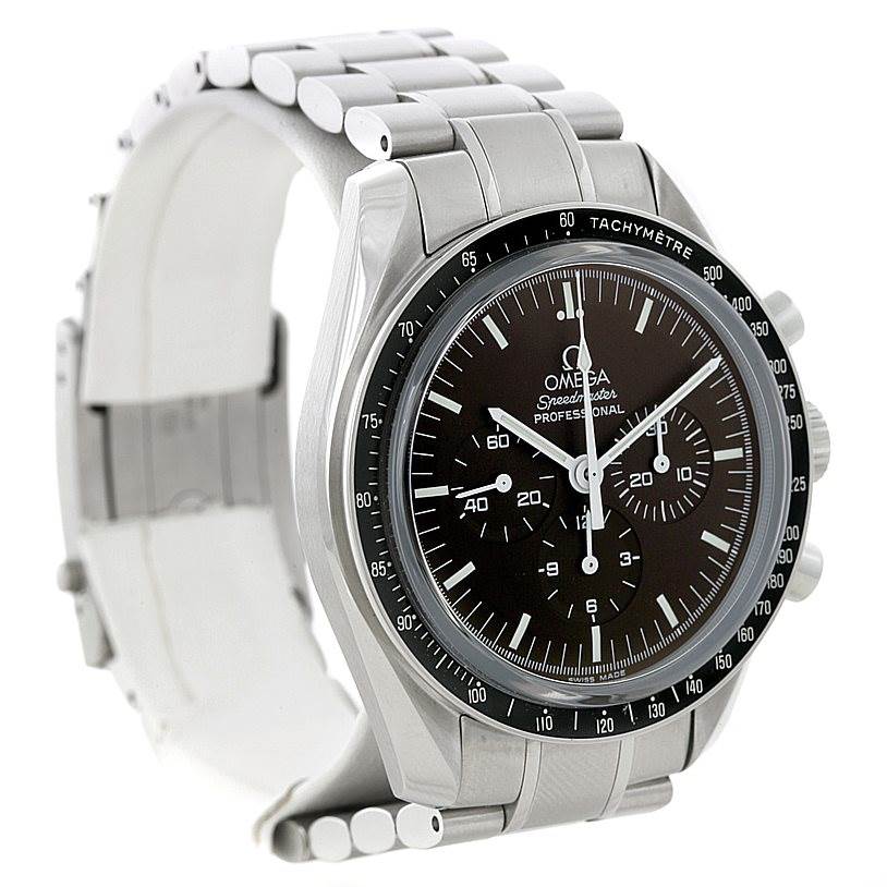 This image shows an Omega Speedmaster 311.30.42.30.13.001 Men's Stainless Steel Brown Dial 311.30.42.30.13.001 Men's Stainless Steel Brown Dial watch at a side angle, highlighting its stainless steel bracelet, tachymeter bezel, and chronograph dial.