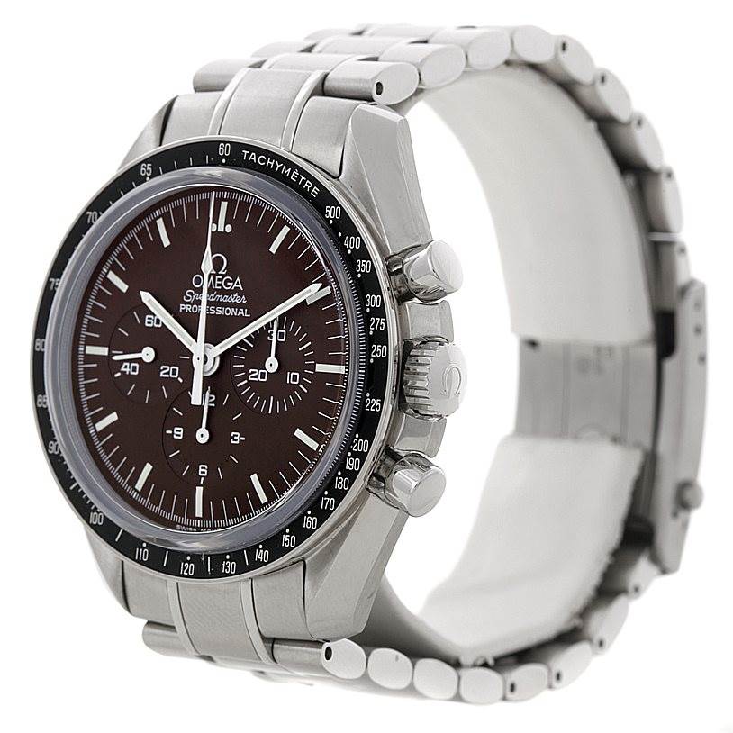 The Omega Speedmaster 311.30.42.30.13.001 Men's Stainless Steel Brown Dial 311.30.42.30.13.001 Men's Stainless Steel Brown Dial watch is shown at a three-quarter angle displaying the face, crown, and bracelet.