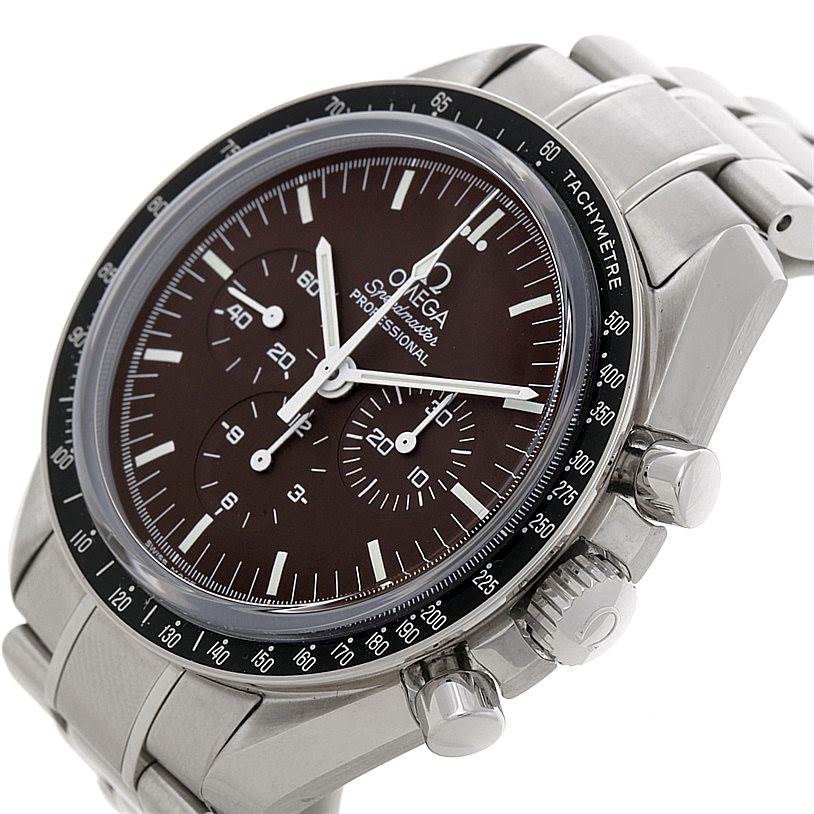 The image shows an Omega Speedmaster 311.30.42.30.13.001 Men's Stainless Steel Brown Dial 311.30.42.30.13.001 Men's Stainless Steel Brown Dial watch from an oblique angle, highlighting the dial, bezel, and chronograph pushers.