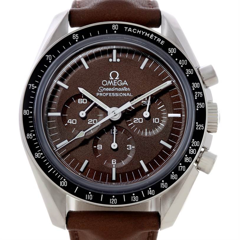 The Omega Speedmaster 311.32.42.30.13.001 Men's Stainless Steel Brown Dial 311.32.42.30.13.001 Men's Stainless Steel Brown Dial watch is shown from the front, displaying its face, bezel, and chronograph dials with a brown leather strap.