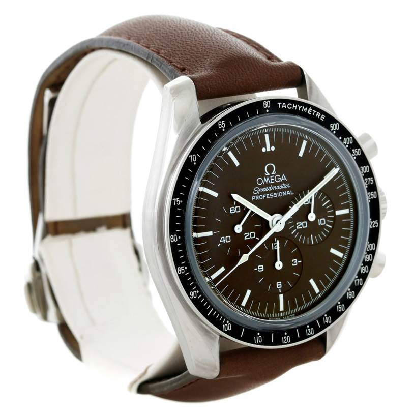 The image shows an Omega Speedmaster 311.32.42.30.13.001 Men's Stainless Steel Brown Dial 311.32.42.30.13.001 Men's Stainless Steel Brown Dial watch at a slight angle, highlighting its dial, bezel, case, and brown leather strap.