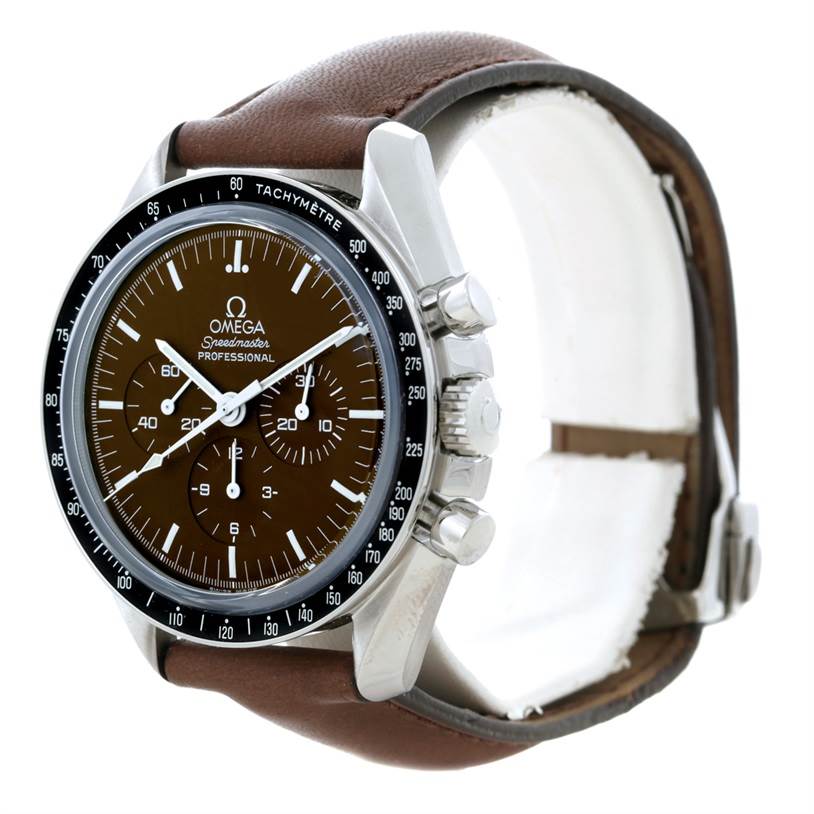 This is an angled view of an Omega Speedmaster 311.32.42.30.13.001 Men's Stainless Steel Brown Dial 311.32.42.30.13.001 Men's Stainless Steel Brown Dial watch showing the dial, chronograph buttons, crown, and brown leather strap.
