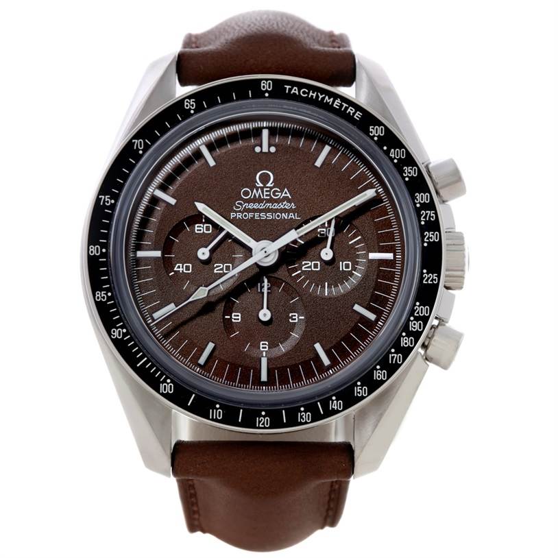 The image shows a front view of the Omega Speedmaster 311.32.42.30.13.001 Men's Stainless Steel Brown Dial 311.32.42.30.13.001 Men's Stainless Steel Brown Dial Professional watch, highlighting its brown dial, bezel, and leather strap.