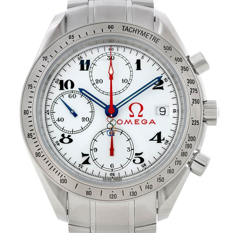The image shows a frontal view of an Omega Speedmaster 323.10.40.40.04.001 Men
s Stainless Steel White Dial 323.10.40.40.04.001 Men
s Stainless Steel White Dial watch with a white dial, tachymeter bezel, and three sub-dials.