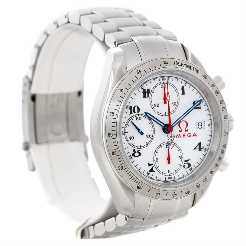 This Omega Speedmaster 323.10.40.40.04.001 Men
s Stainless Steel White Dial 323.10.40.40.04.001 Men
s Stainless Steel White Dial watch is shown from an angled side view, highlighting the dial, bezel, case, and metal bracelet.