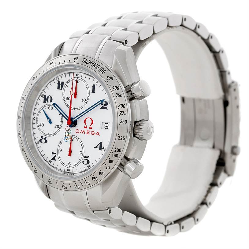 The image shows an Omega Speedmaster 323.10.40.40.04.001 Men
s Stainless Steel White Dial 323.10.40.40.04.001 Men
s Stainless Steel White Dial watch from a front-side angle, highlighting the dial, case, and bracelet.