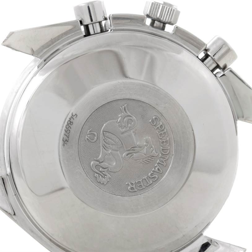 The image shows the back case and side view of the Omega Speedmaster Men's Stainless Steel White Dial Men's Stainless Steel White Dial watch, featuring the Speedmaster emblem and crown.