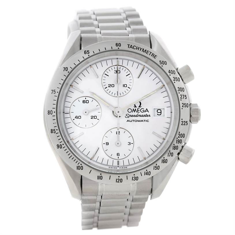This image shows a front view of an Omega Speedmaster Men's Stainless Steel White Dial Men's Stainless Steel White Dial watch, displaying the dial, tachymeter, and metal bracelet.