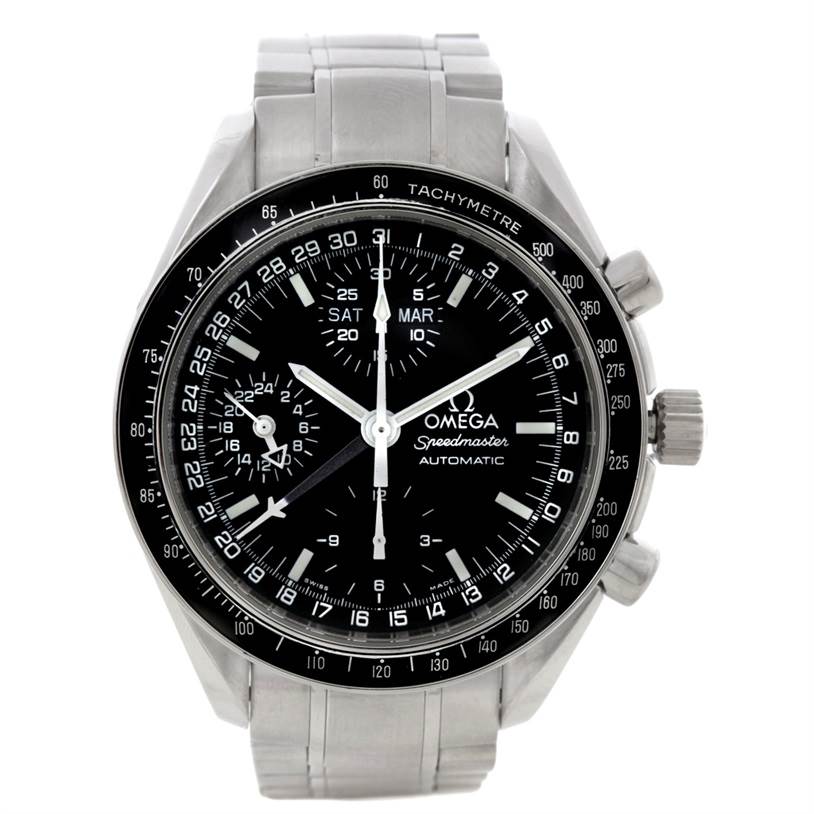 The image shows a front view of an Omega Speedmaster 3520.50.00 Men
s Stainless Steel Black Dial 3520.50.00 Men
s Stainless Steel Black Dial watch, highlighting the dial, bezel, case, and bracelet.