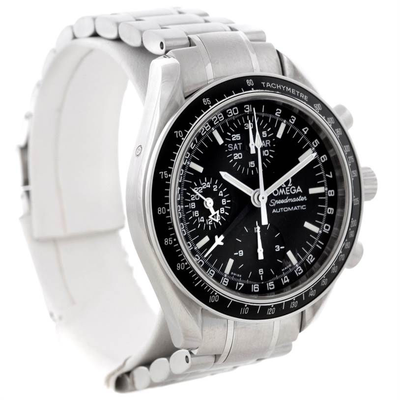 The Omega Speedmaster 3520.50.00 Men
s Stainless Steel Black Dial 3520.50.00 Men
s Stainless Steel Black Dial watch is shown at an angle highlighting its face, bezel, and stainless steel bracelet.