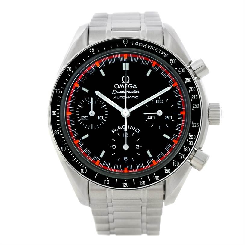 The image shows a front view of an Omega Speedmaster 3518.50.00 Men
s Stainless Steel Black Dial 3518.50.00 Men
s Stainless Steel Black Dial automatic watch, highlighting its black dial, tachymeter bezel, and sub-dials.