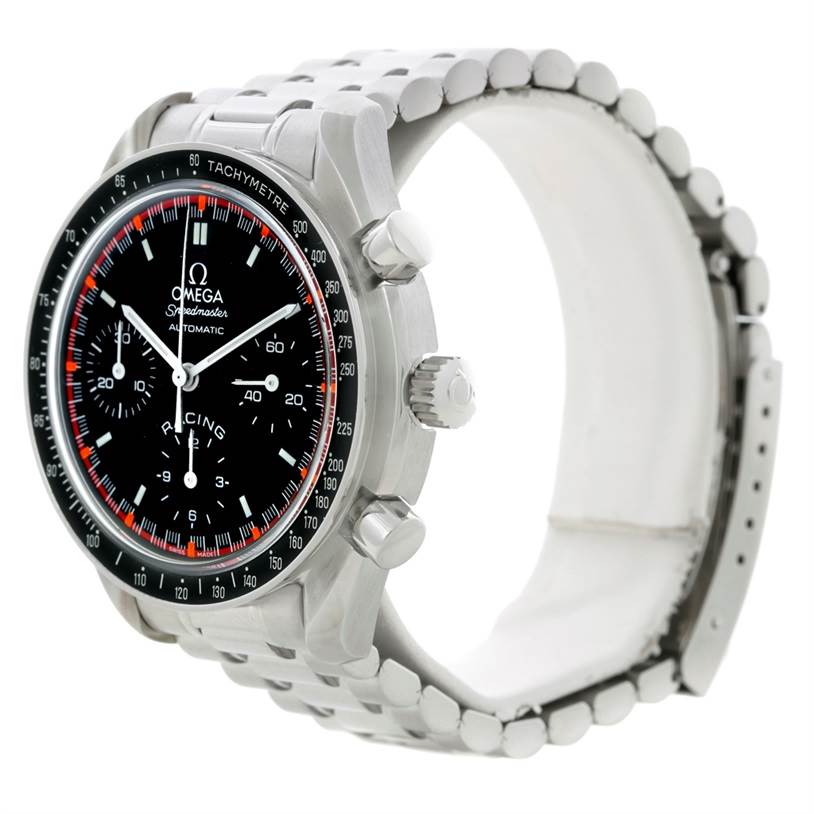 The image shows a side and front angle of the Omega Speedmaster 3518.50.00 Men
s Stainless Steel Black Dial 3518.50.00 Men
s Stainless Steel Black Dial watch, focusing on its case, dial, and bracelet.