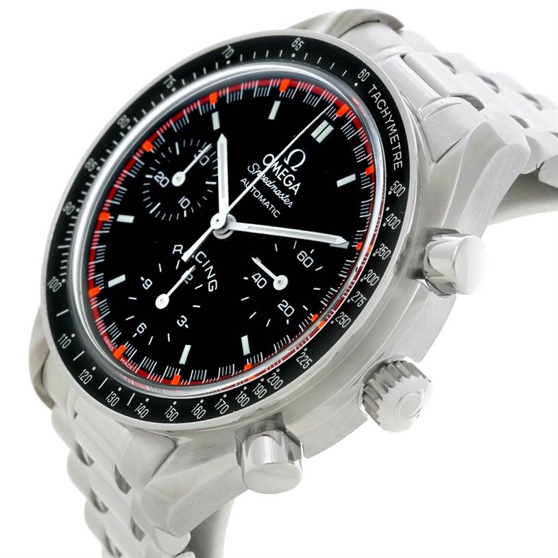 The image shows an angled view of the Omega Speedmaster 3518.50.00 Men
s Stainless Steel Black Dial 3518.50.00 Men
s Stainless Steel Black Dial watch, highlighting the face, chronograph dials, and crown.