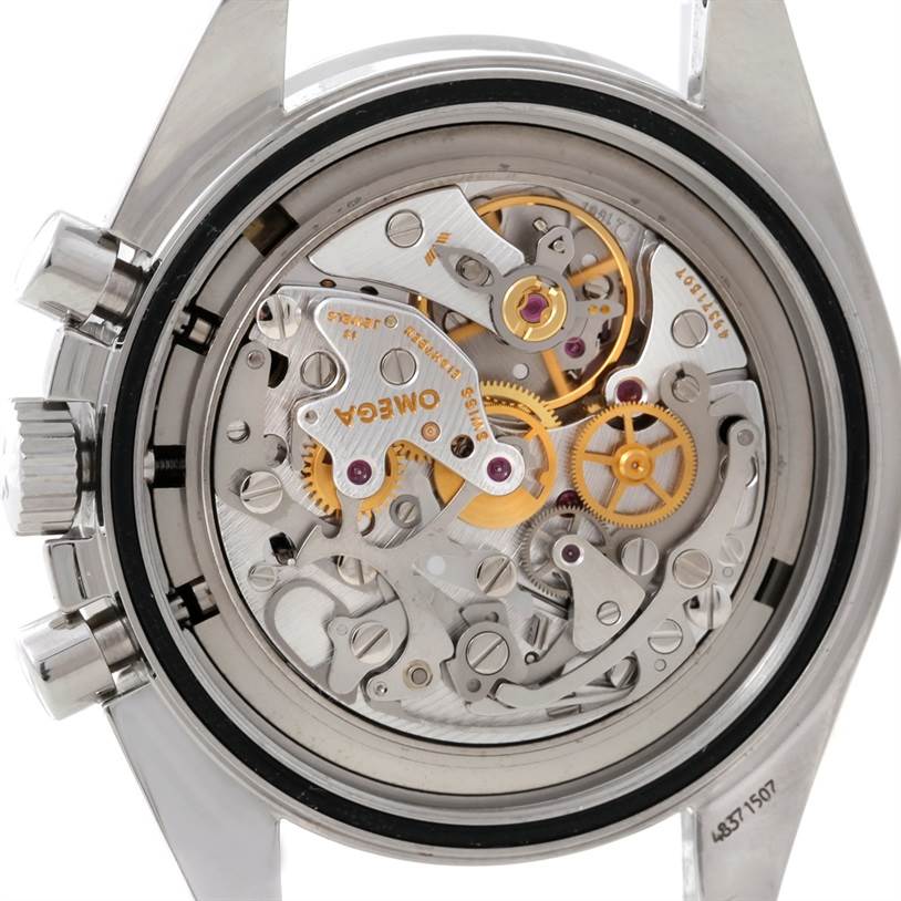The image shows the Omega Speedmaster 3597.17 Men
s Stainless Steel Black Dial 3597.17 Men
s Stainless Steel Black Dial
s intricate movement from a rear angle with its internal mechanical components visible.