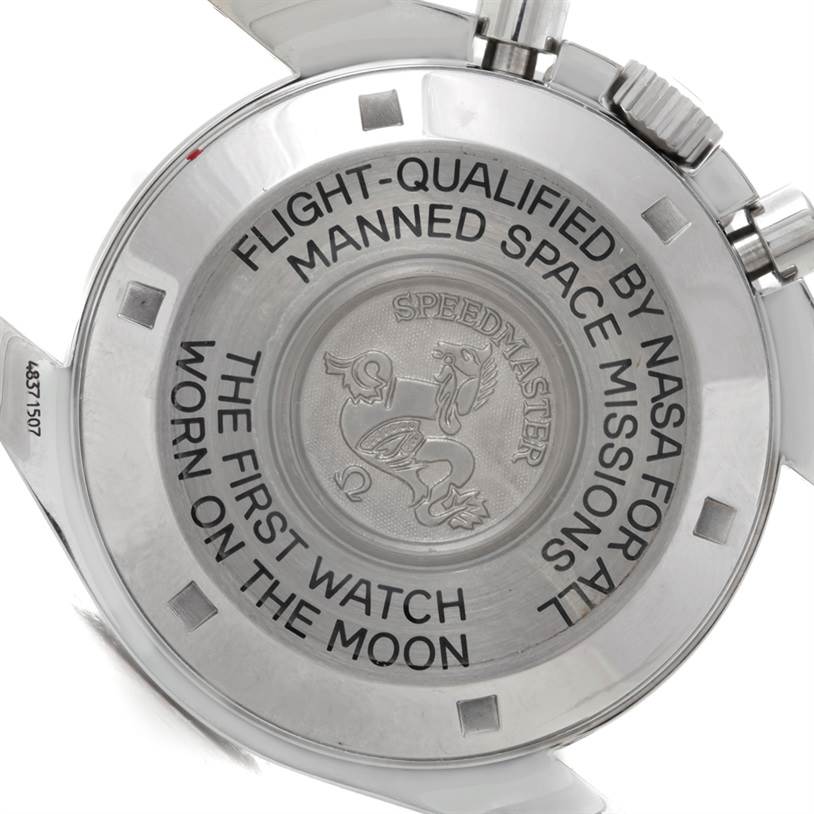 This is a close-up of the case back of an Omega Speedmaster 3597.17 Men
s Stainless Steel Black Dial 3597.17 Men
s Stainless Steel Black Dial watch, showing its engravings and emblem.