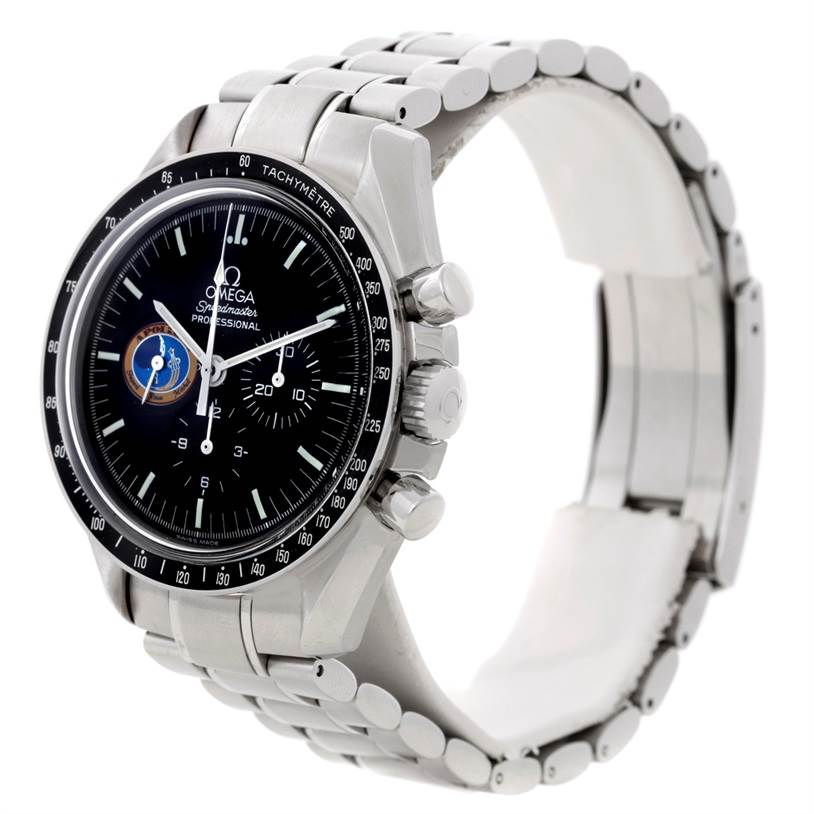 The Omega Speedmaster 3597.17 Men
s Stainless Steel Black Dial 3597.17 Men
s Stainless Steel Black Dial watch is shown at a three-quarter angle, highlighting its dial, bezel, crown, pushers, and metal bracelet.