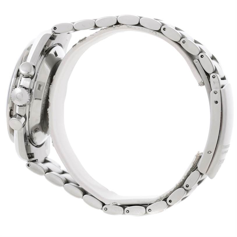 The image shows a side view of an Omega Speedmaster 3597.17 Men
s Stainless Steel Black Dial 3597.17 Men
s Stainless Steel Black Dial watch, highlighting the metal bracelet and the case with its pushers and crown.