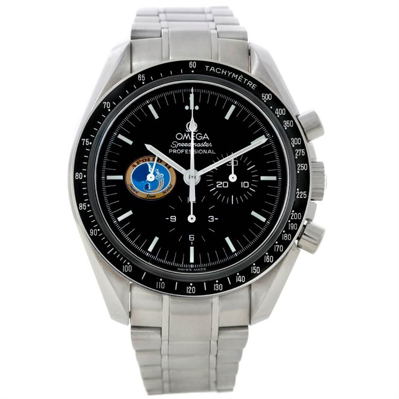 The image shows a front view of the Omega Speedmaster 3597.17 Men
s Stainless Steel Black Dial 3597.17 Men
s Stainless Steel Black Dial watch, displaying its bezel, face, subdials, and bracelet.