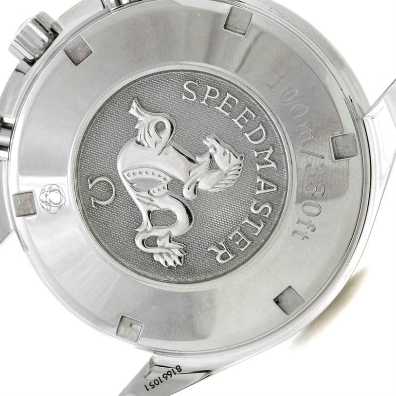 The image shows the case back of the Omega Speedmaster 3210.51.00 Men
s Stainless Steel Black Dial 3210.51.00 Men
s Stainless Steel Black Dial watch, highlighting the engraved logo and water resistance information.