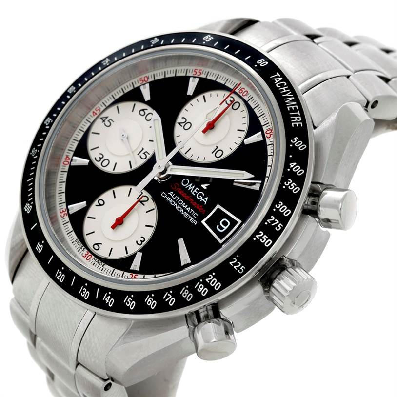 The image shows the face and side profile of an Omega Speedmaster 3210.51.00 Men
s Stainless Steel Black Dial 3210.51.00 Men
s Stainless Steel Black Dial, highlighting the chronograph dials, bezel, and bracelet.