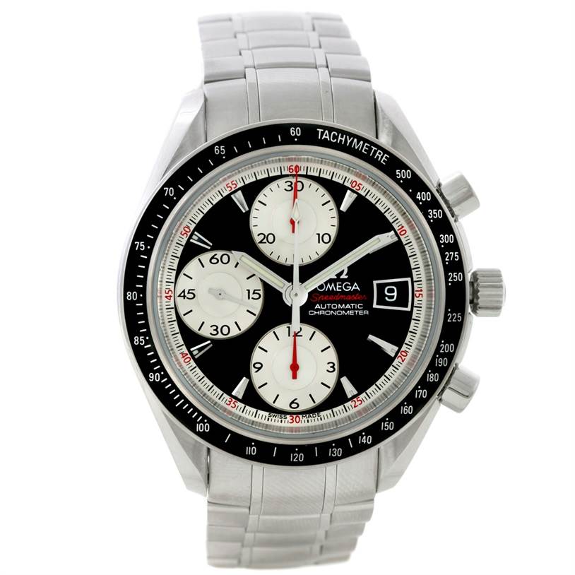 The image shows a front view of an Omega Speedmaster 3210.51.00 Men
s Stainless Steel Black Dial 3210.51.00 Men
s Stainless Steel Black Dial watch featuring a tachymetre bezel and a stainless steel bracelet.