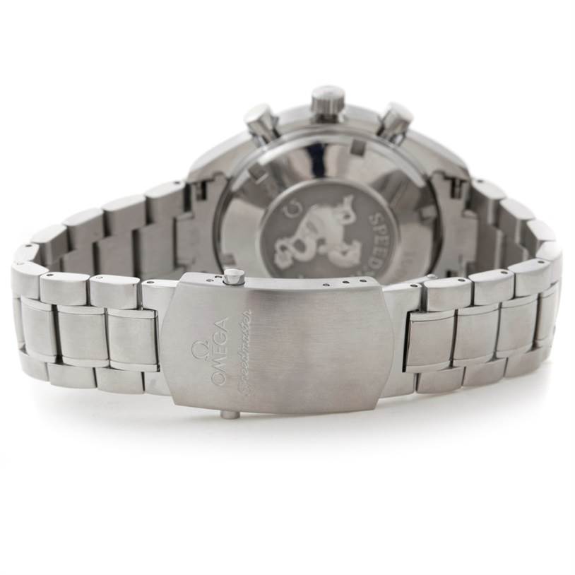 The image shows the clasp and case back of an Omega Speedmaster 3210.51.00 Men
s Stainless Steel Black Dial 3210.51.00 Men
s Stainless Steel Black Dial watch at a rear angle.