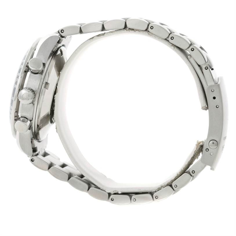 The image shows a side view of an Omega Speedmaster 3210.51.00 Men
s Stainless Steel Black Dial 3210.51.00 Men
s Stainless Steel Black Dial watch, highlighting its bracelet, crown, and pushers.