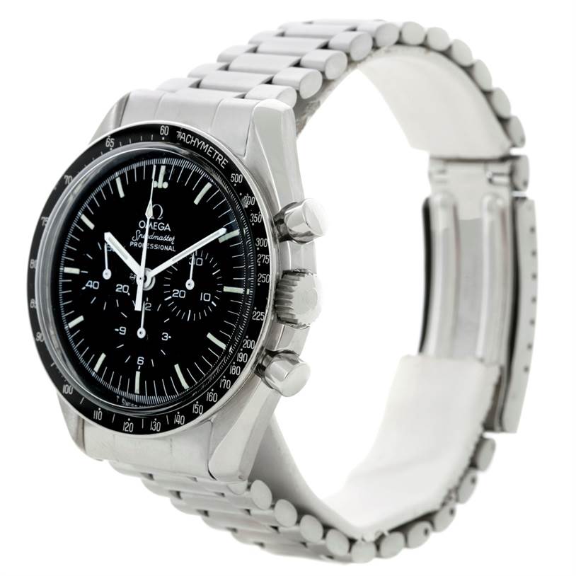 The Omega Speedmaster Men
s Stainless Steel Black Dial Men
s Stainless Steel Black Dial watch is shown at an angled side view, highlighting the face, bezel, crown, and part of the stainless steel bracelet.