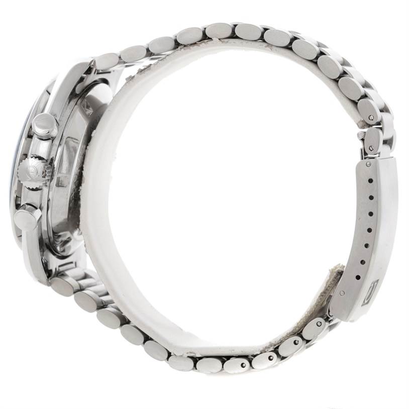 The image shows a side view of an Omega Speedmaster Men
s Stainless Steel Black Dial Men
s Stainless Steel Black Dial watch, highlighting its bracelet and crown.