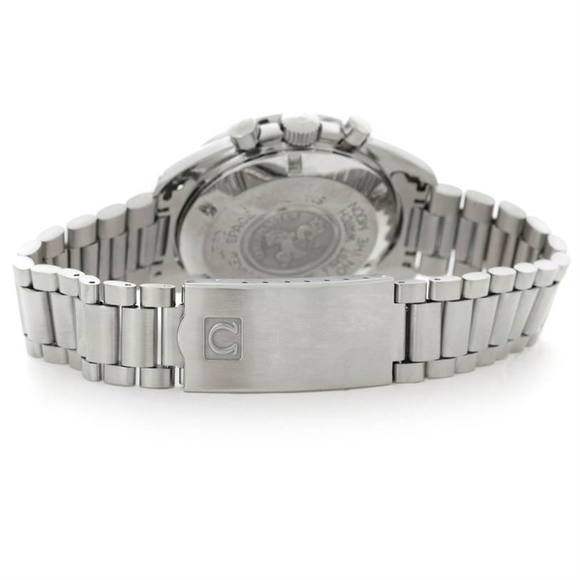 The image showcases the back view of an Omega Speedmaster Men
s Stainless Steel Black Dial Men
s Stainless Steel Black Dial, highlighting the case back and metal bracelet.