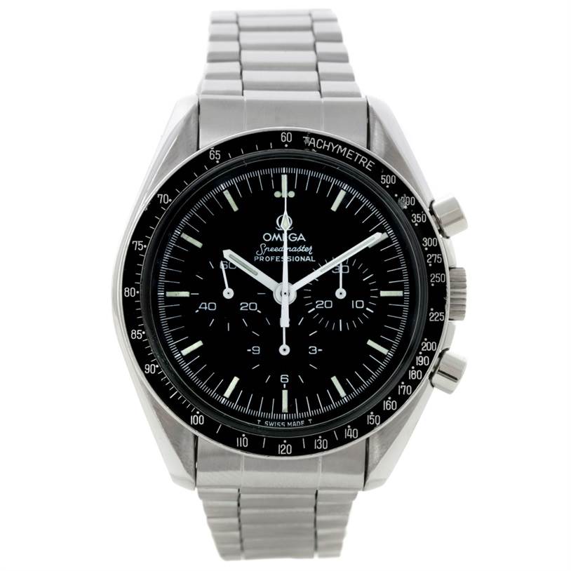 This image shows a frontal view of the Omega Speedmaster Men
s Stainless Steel Black Dial Men
s Stainless Steel Black Dial Professional watch, highlighting its dial, hands, bezel, and bracelet.