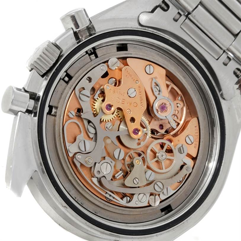 The image shows the internal mechanical movement of an Omega Speedmaster Men
s Stainless Steel Black Dial Men
s Stainless Steel Black Dial watch from the back view.