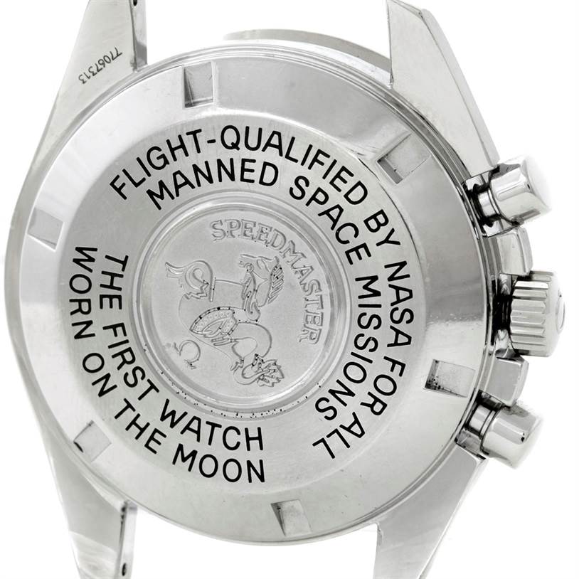 This image shows the back case and side buttons of an Omega Speedmaster 3575.20.00 Men
s Stainless Steel White Dial 3575.20.00 Men
s Stainless Steel White Dial watch, highlighting its engravings and detailing.