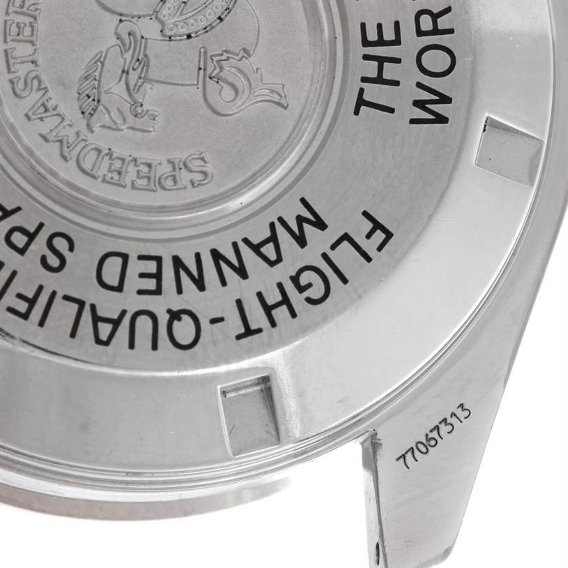 The image shows the case back of an Omega Speedmaster 3575.20.00 Men
s Stainless Steel White Dial 3575.20.00 Men
s Stainless Steel White Dial watch, highlighting the brand engraving and model details.