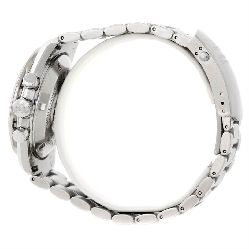 This Omega Speedmaster 3575.20.00 Men
s Stainless Steel White Dial 3575.20.00 Men
s Stainless Steel White Dial watch is shown from the side, highlighting the crown, pushers, and metal bracelet.