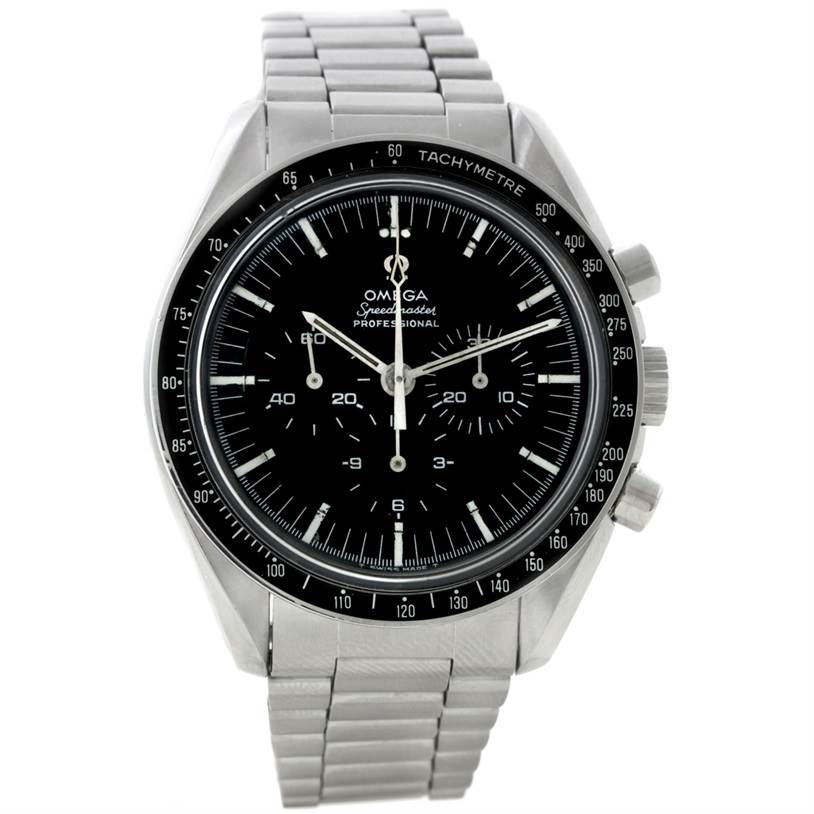 The image shows the front view of an Omega Speedmaster Men
s Stainless Steel Black Dial Men
s Stainless Steel Black Dial watch, highlighting its black dial, tachymeter bezel, and metal bracelet.