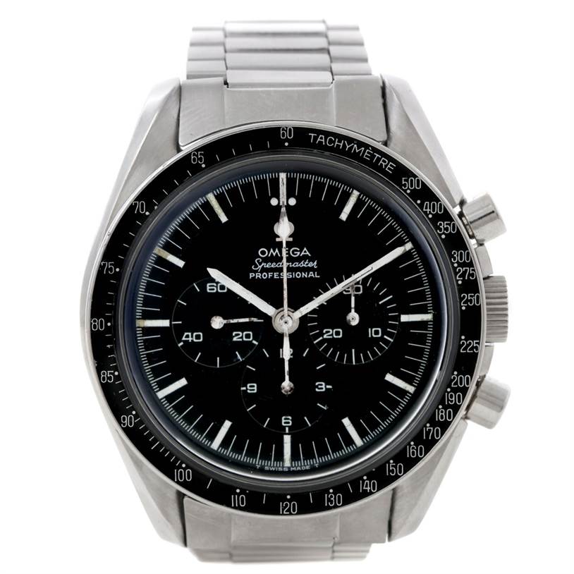 The image shows a front view of an Omega Speedmaster Men
s Stainless Steel Black Dial Men
s Stainless Steel Black Dial Professional watch, displaying the dial, bezel, and part of the bracelet.