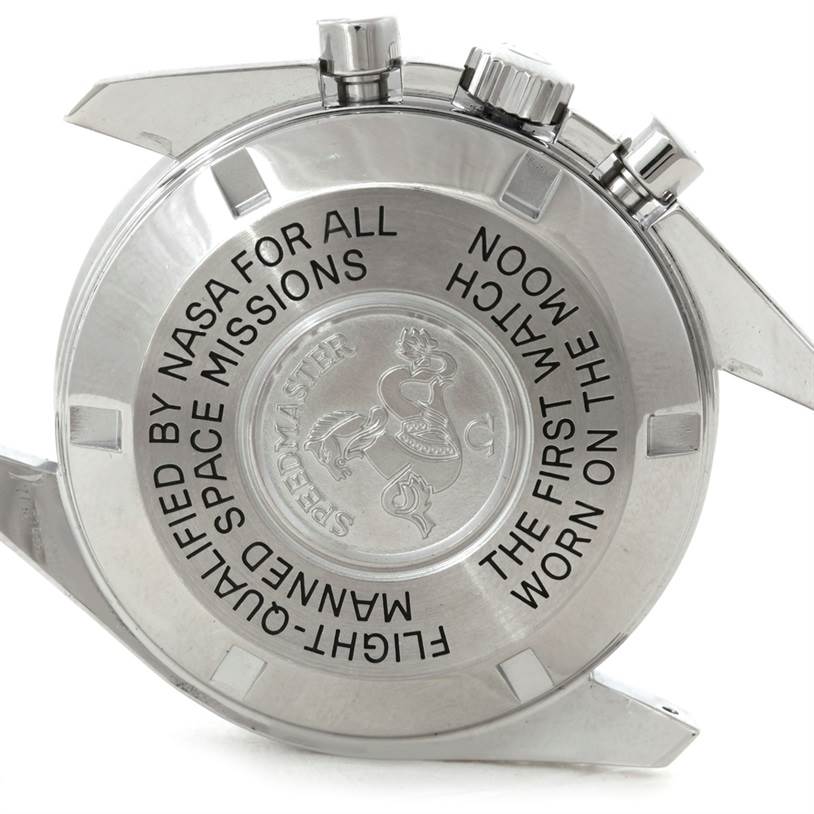 The image shows the back case and side buttons of the Omega Speedmaster 3570.50.00 Men
s Stainless Steel Black Dial 3570.50.00 Men
s Stainless Steel Black Dial watch at an angle.