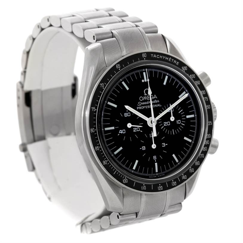 The image shows an Omega Speedmaster 3570.50.00 Men
s Stainless Steel Black Dial 3570.50.00 Men
s Stainless Steel Black Dial watch from an angled view, highlighting the face, bezel, and part of the stainless steel bracelet.