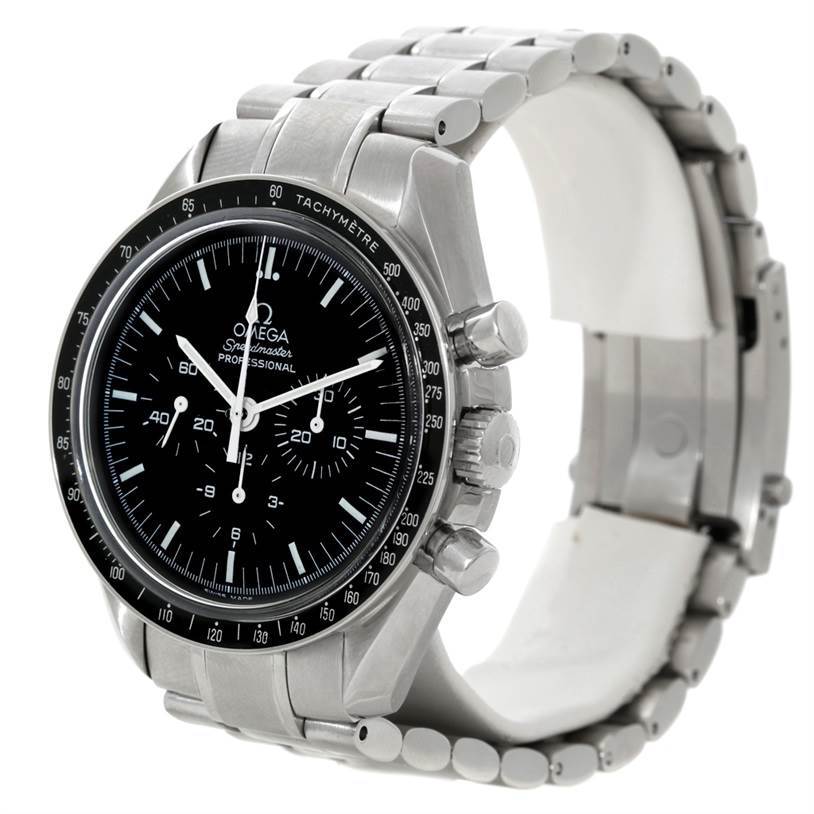 The Omega Speedmaster 3570.50.00 Men
s Stainless Steel Black Dial 3570.50.00 Men
s Stainless Steel Black Dial watch is shown at a three-quarter angle, highlighting the dial, bezel, stainless steel case, and bracelet.