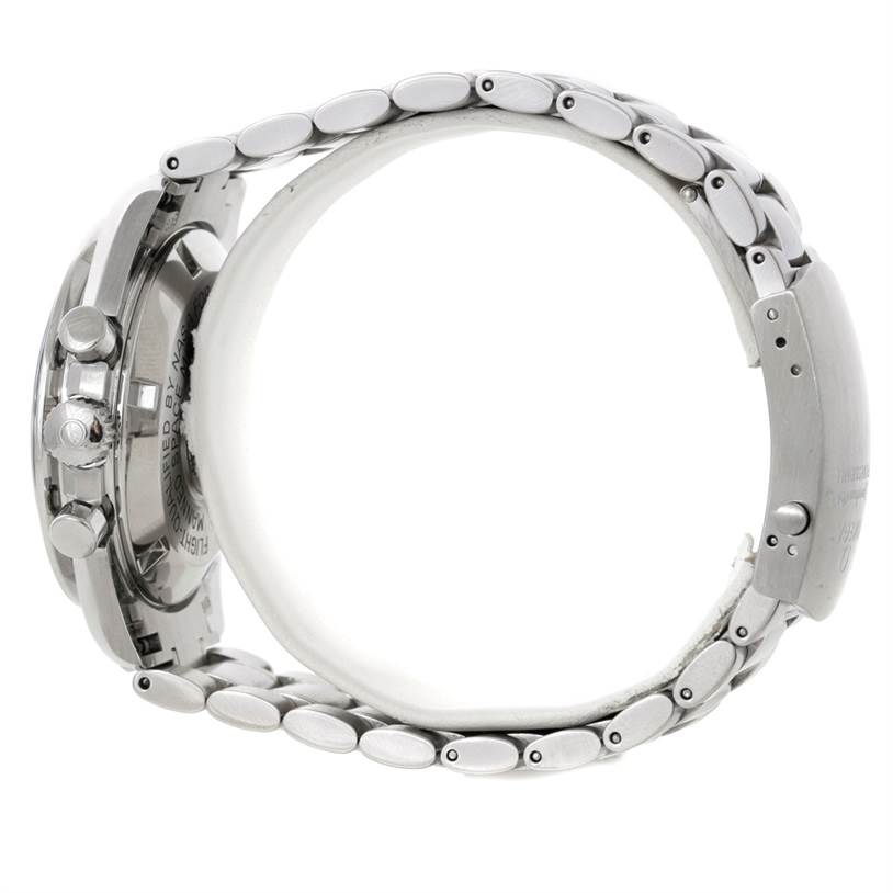 The image shows a side view of the case, crown, and bracelet of an Omega Speedmaster 3570.50.00 Men
s Stainless Steel Black Dial 3570.50.00 Men
s Stainless Steel Black Dial watch.