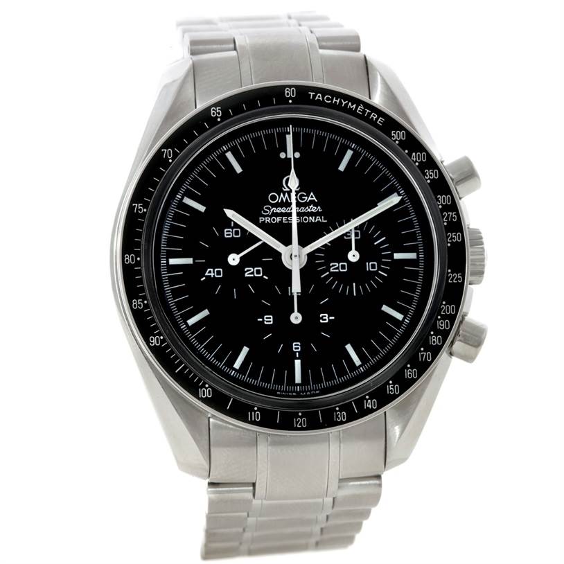 The image shows a front view of the Omega Speedmaster 3570.50.00 Men
s Stainless Steel Black Dial 3570.50.00 Men
s Stainless Steel Black Dial watch, highlighting its face, bezel, and bracelet.