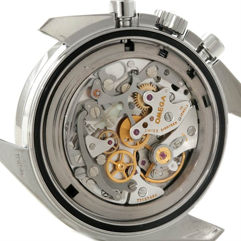 This image shows the movement and internal mechanisms of an Omega Speedmaster 3570.50.00 Men
s Stainless Steel Black Dial 3570.50.00 Men
s Stainless Steel Black Dial watch from a back view.