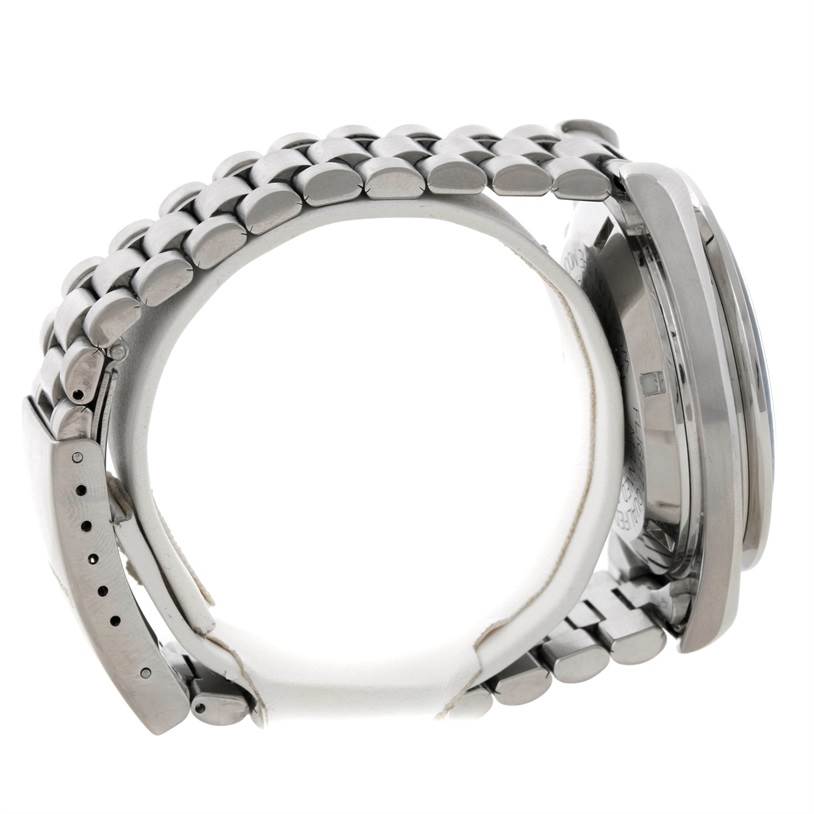 This side angle image of the Omega Speedmaster Men
s Stainless Steel Black Dial Men
s Stainless Steel Black Dial watch model highlights the bracelet and case part of the watch.