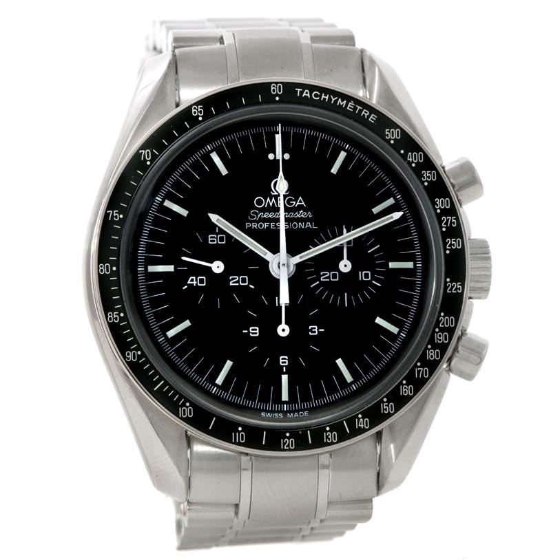The image shows a front view of the Omega Speedmaster Men
s Stainless Steel Black Dial Men
s Stainless Steel Black Dial watch, highlighting its dial, tachymeter bezel, and metal bracelet.