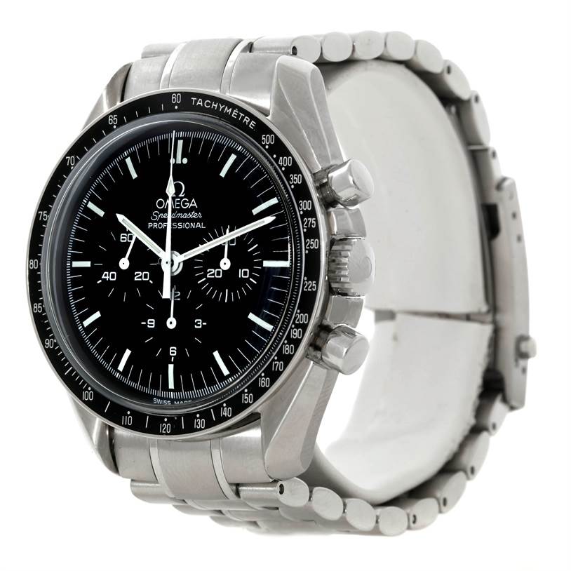 The image shows an Omega Speedmaster Men
s Stainless Steel Black Dial Men
s Stainless Steel Black Dial watch from an angled view, highlighting its dial, bezel, crown, and metal bracelet.