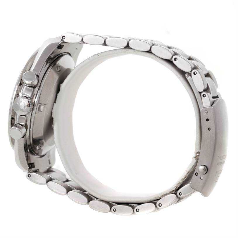 This side view of the Omega Speedmaster Men
s Stainless Steel Black Dial Men
s Stainless Steel Black Dial watch shows the metal bracelet, clasp, and the side buttons/crowns.