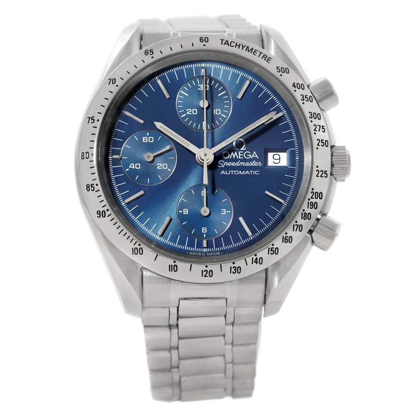 This image displays a front view of the Omega Speedmaster 3513.80.00 Men
s Stainless Steel Blue Dial 3513.80.00 Men
s Stainless Steel Blue Dial watch, highlighting its dial, tachymeter bezel, and stainless steel bracelet.